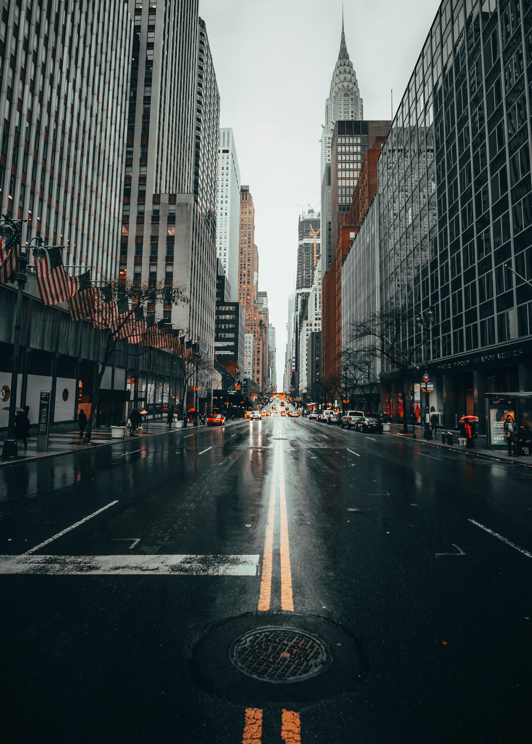 Rainy New York avenue framed by tall buildings